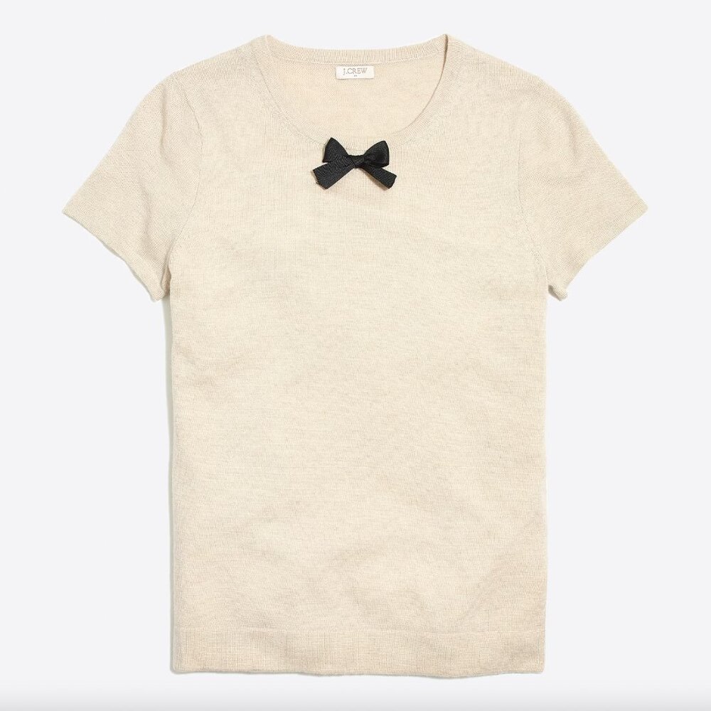 J.Crew Medium M Cream Merino Wool Blend Cream Bow Short Sleeve‎ Pullover Sweater